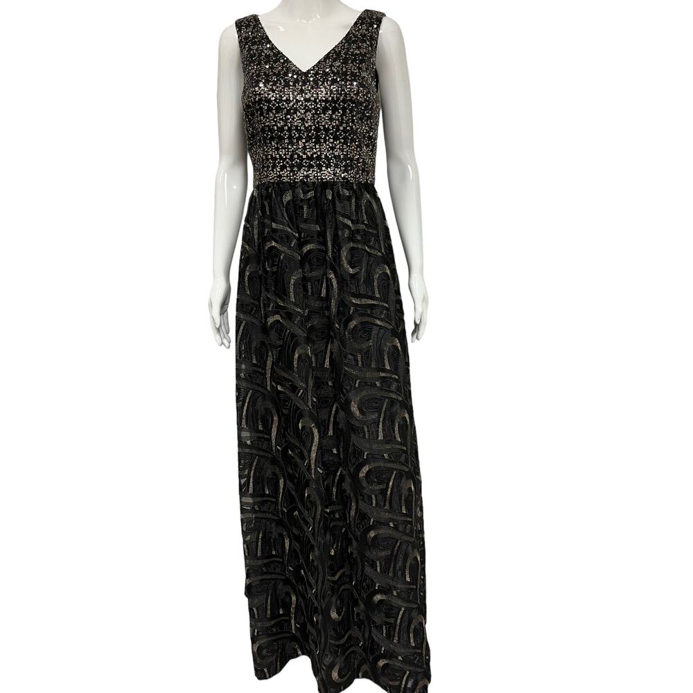 DAVID MEISTER Black Sequin Lace Embroidered Sleeveless Maxi A-line Dress Size 4